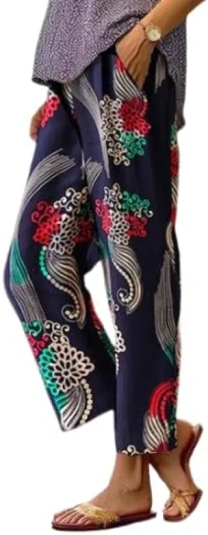 Akivide Women Casual Floral Print Linen Pant Summer Boho High Waist Straight Wide Leg Beach Lounge Capri Trouser with Pocket