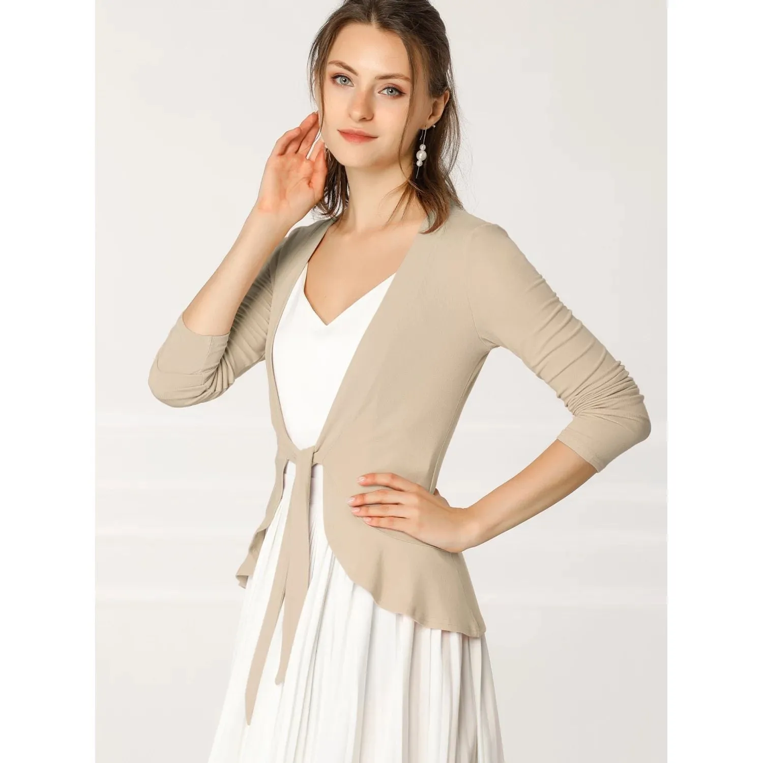 ALLEGRA K Women's Knitted Cropped Cardigan with Metallic Ruffles and Open Front Long Sleeves ,  red