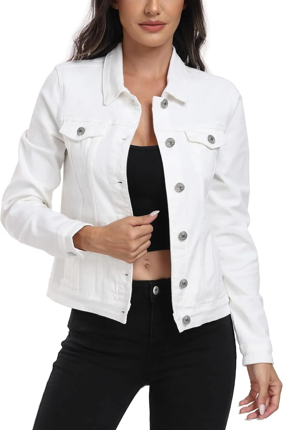 Anienaya Women's Stretch Denim Jacket Long Sleeve Basic Trendy Button Up Trucker Jean Jackets