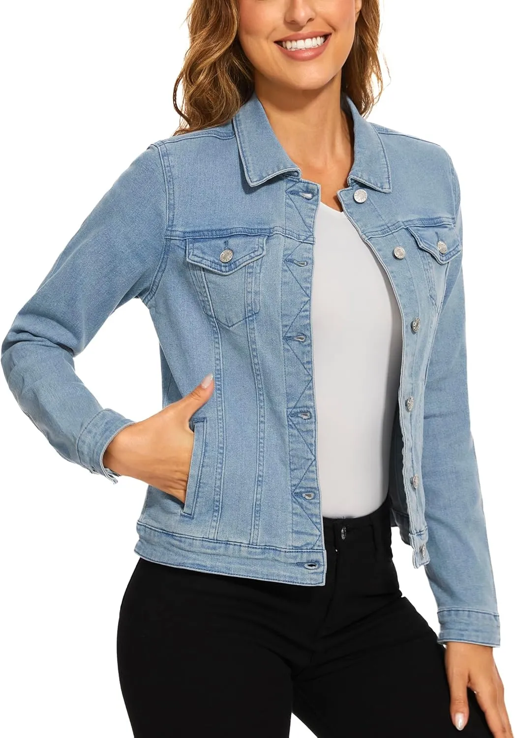 Anienaya Women's Stretch Denim Jacket Long Sleeve Basic Trendy Button Up Trucker Jean Jackets