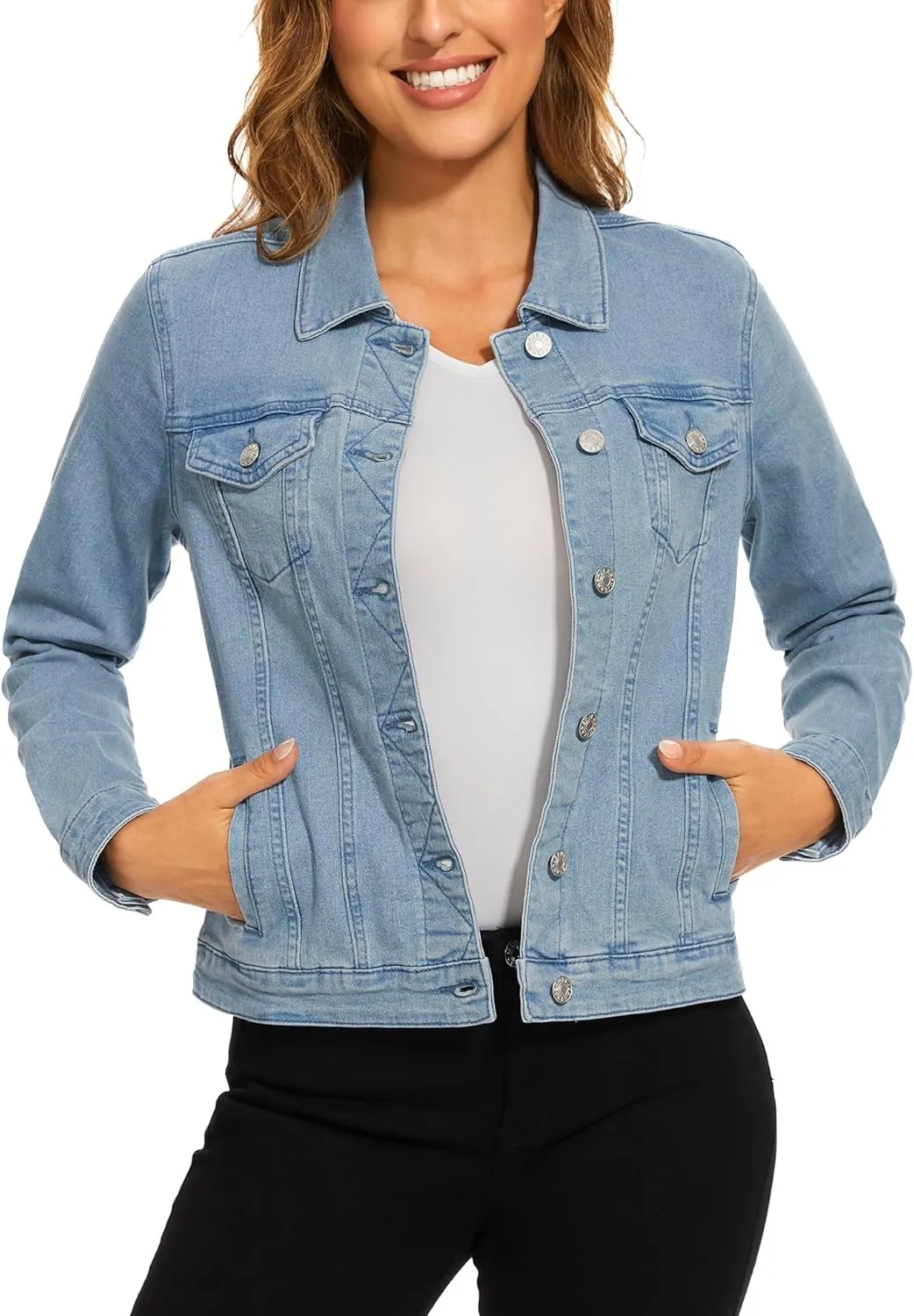 Anienaya Women's Stretch Denim Jacket Long Sleeve Basic Trendy Button Up Trucker Jean Jackets