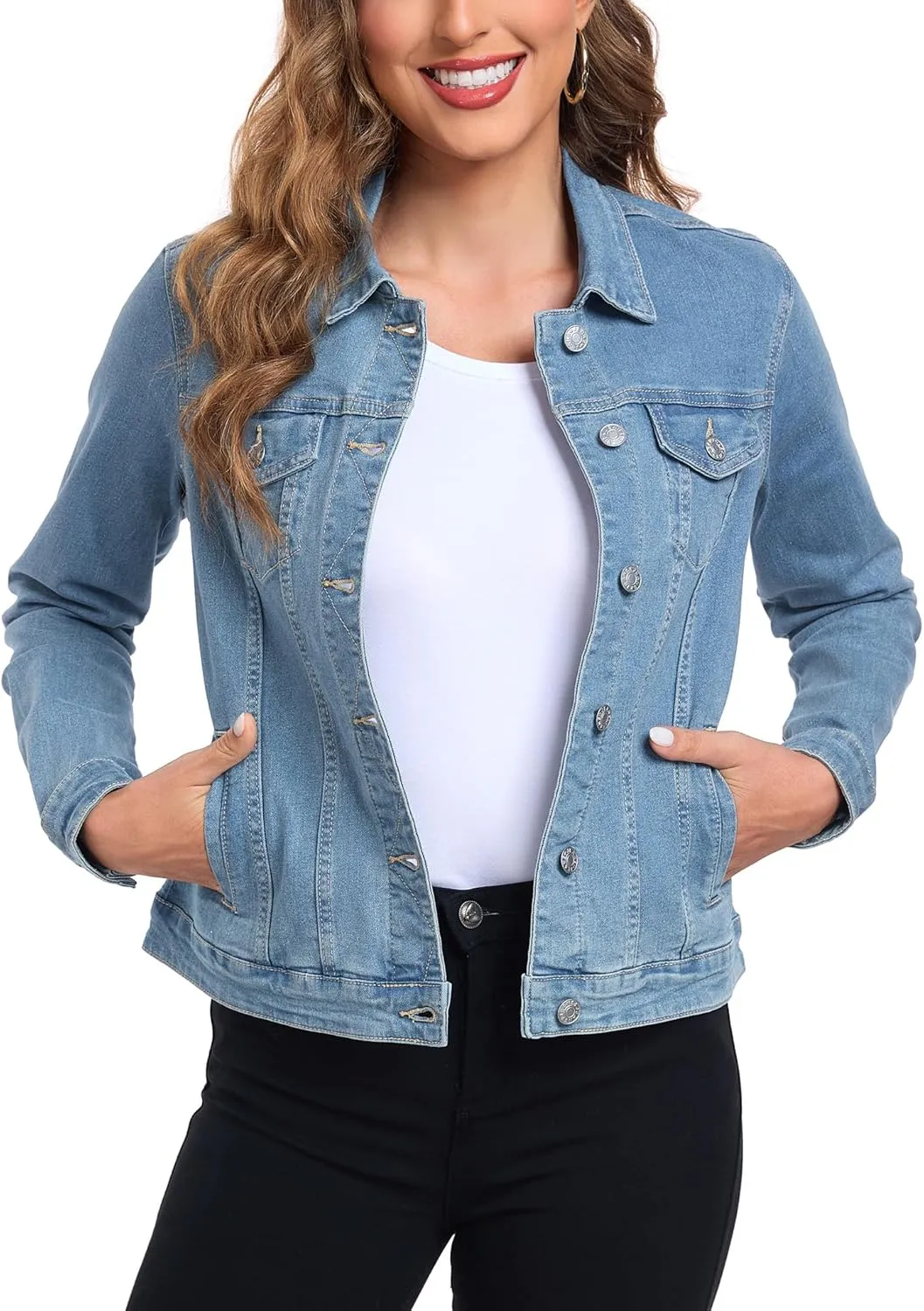 Anienaya Women's Stretch Denim Jacket Long Sleeve Basic Trendy Button Up Trucker Jean Jackets