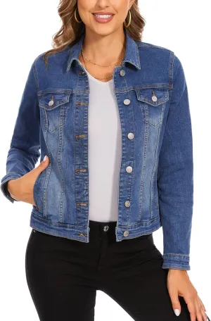 Anienaya Women's Stretch Denim Jacket Long Sleeve Basic Trendy Button Up Trucker Jean Jackets