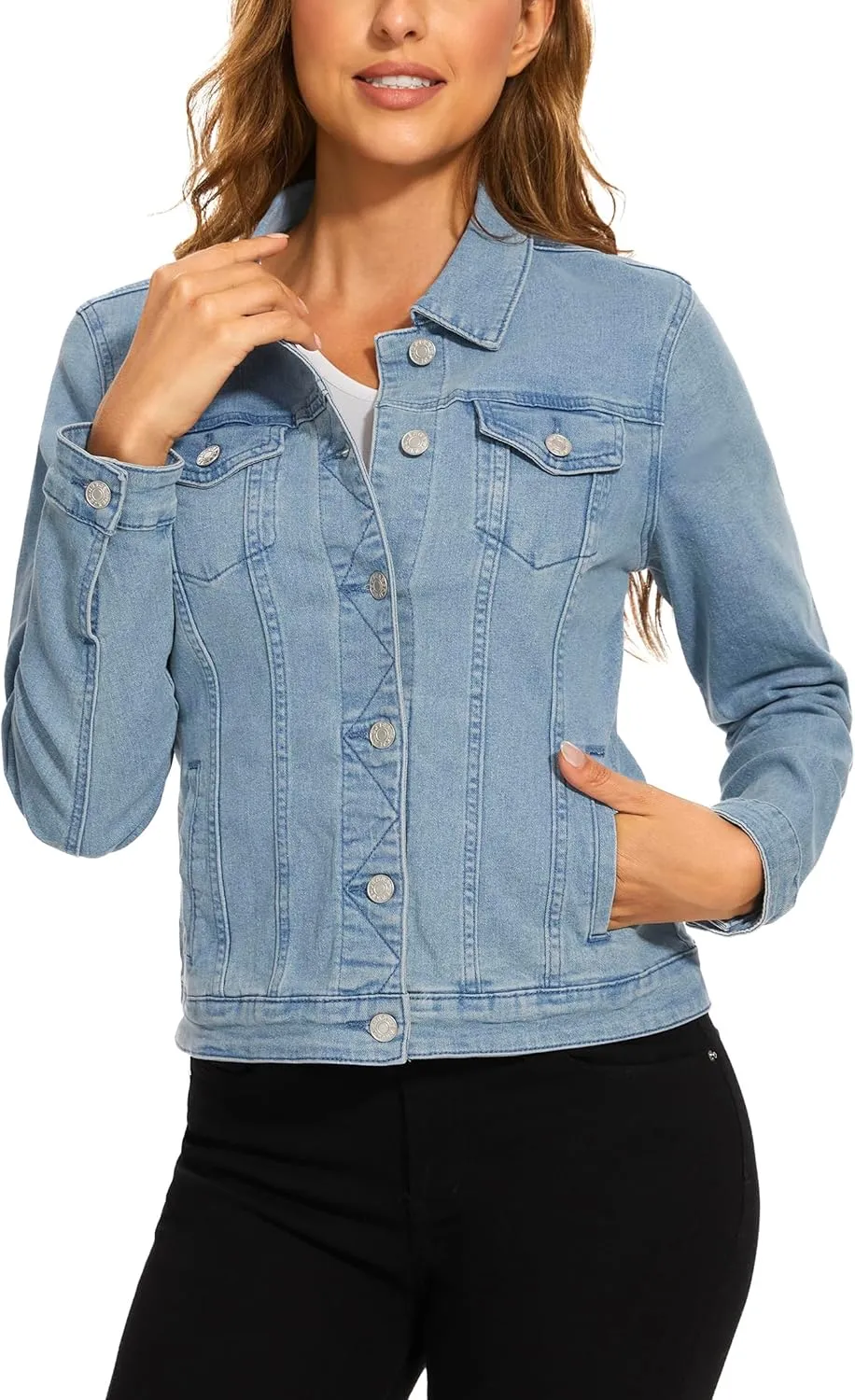 Anienaya Women's Stretch Denim Jacket Long Sleeve Basic Trendy Button Up Trucker Jean Jackets