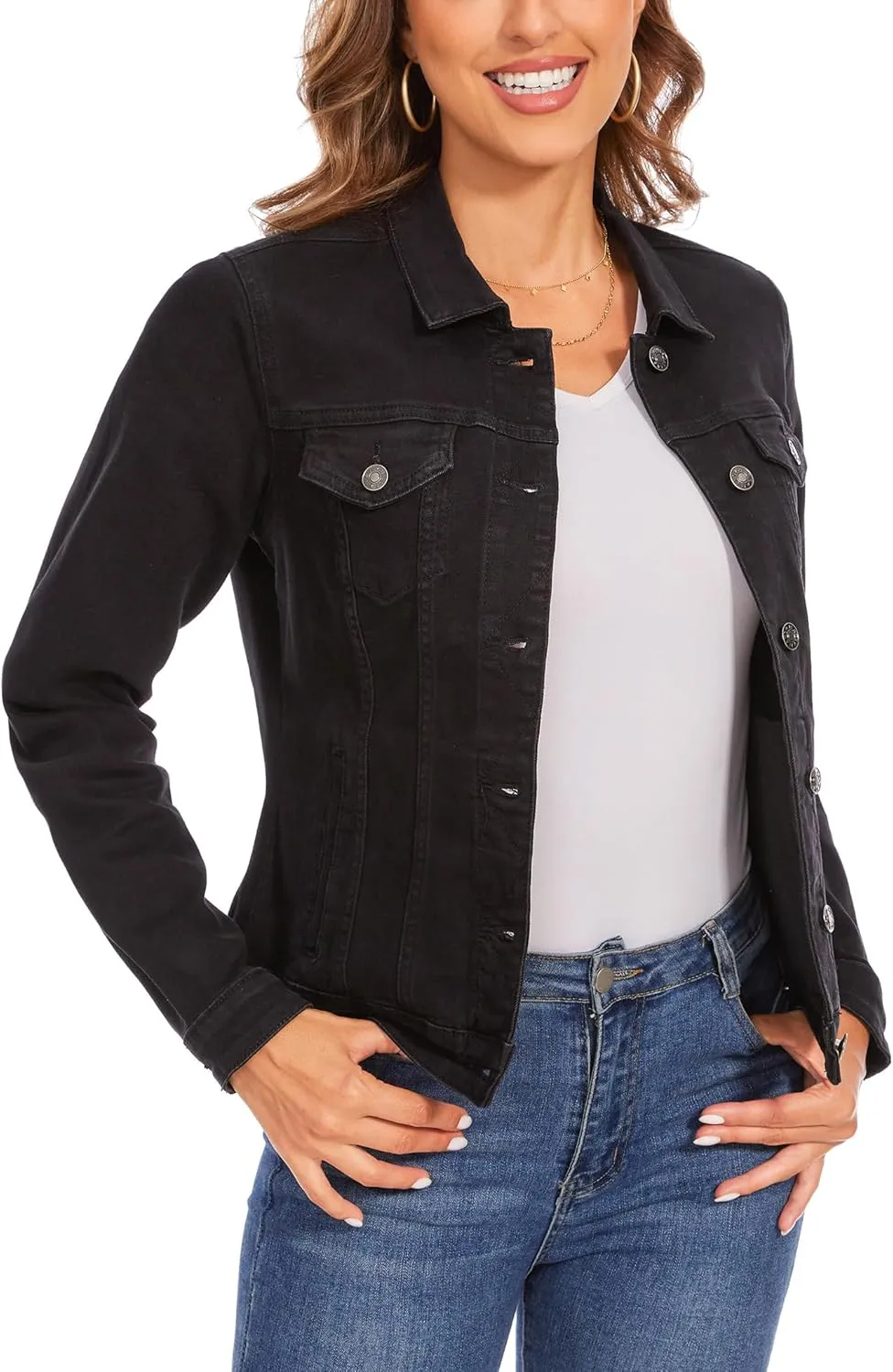 Anienaya Women's Stretch Denim Jacket Long Sleeve Basic Trendy Button Up Trucker Jean Jackets