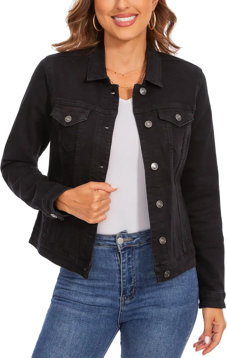 Anienaya Women's Stretch Denim Jacket Long Sleeve Basic Trendy Button Up Trucker Jean Jackets