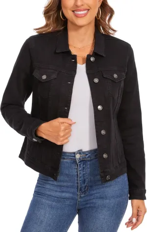 Anienaya Women's Stretch Denim Jacket Long Sleeve Basic Trendy Button Up Trucker Jean Jackets