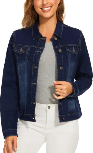 Anienaya Women's Stretch Denim Jacket Long Sleeve Basic Trendy Button Up Trucker Jean Jackets