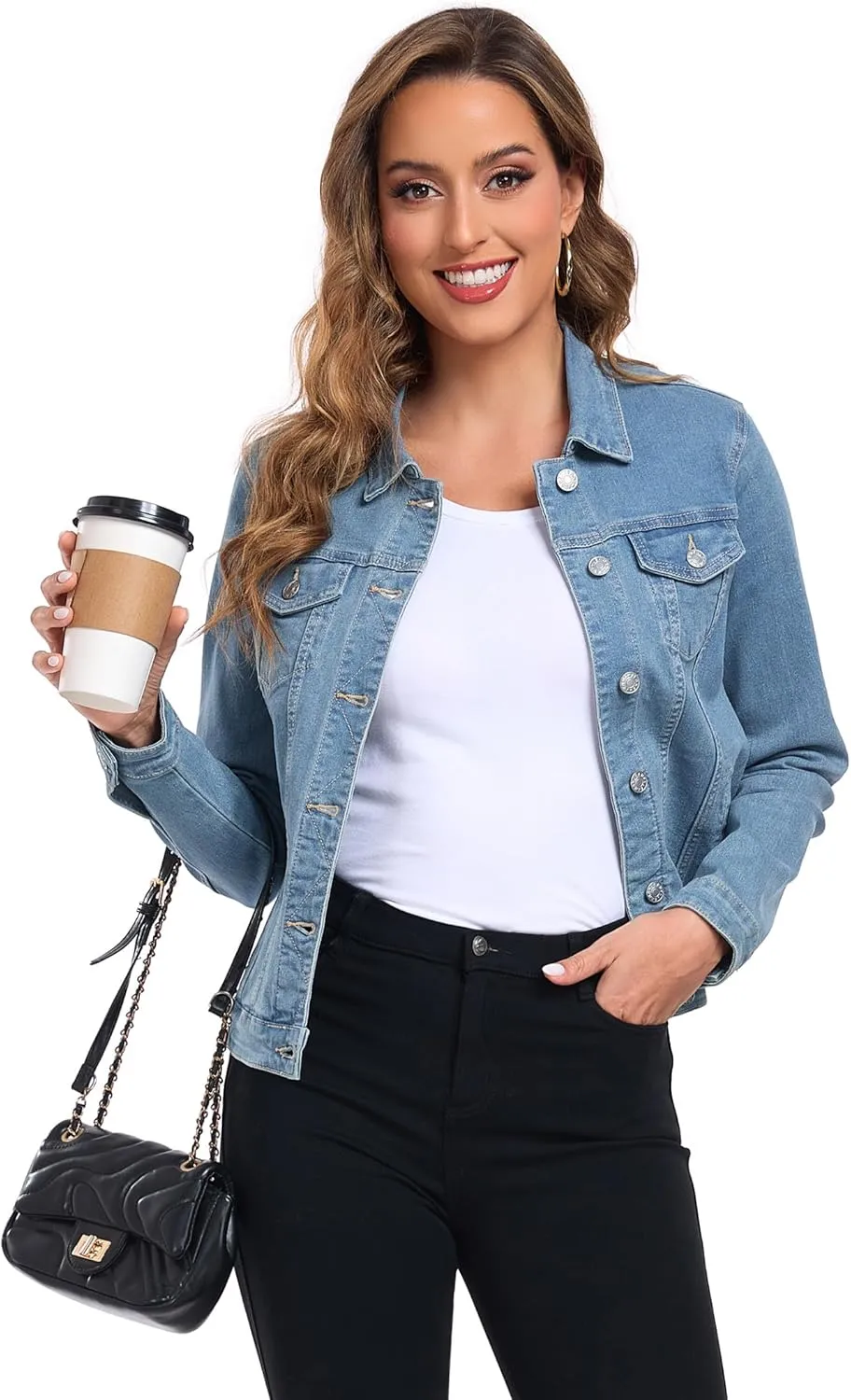 Anienaya Women's Stretch Denim Jacket Long Sleeve Basic Trendy Button Up Trucker Jean Jackets