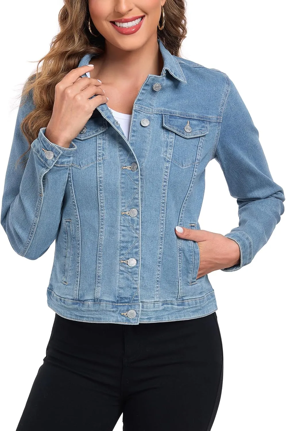 Anienaya Women's Stretch Denim Jacket Long Sleeve Basic Trendy Button Up Trucker Jean Jackets