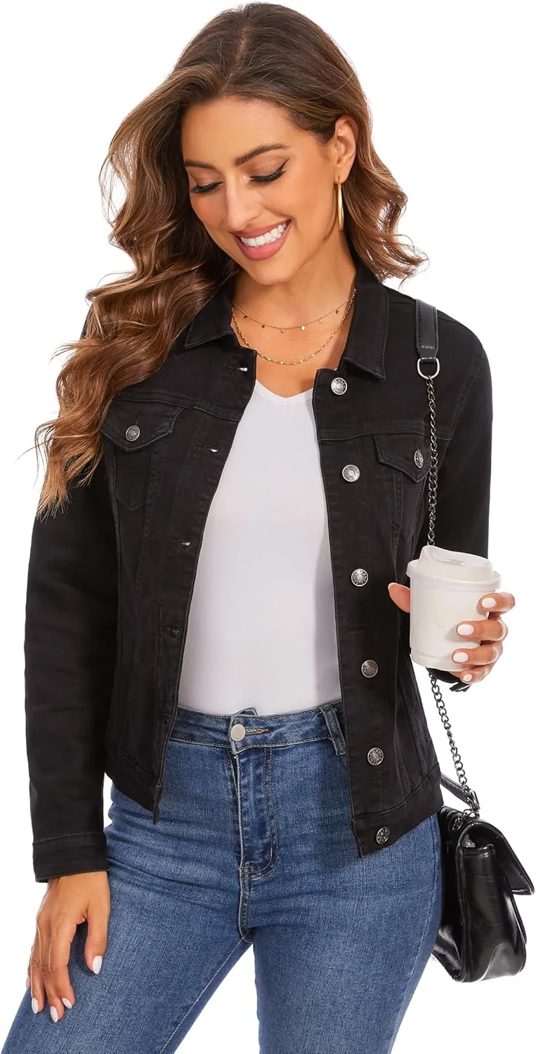 Anienaya Women's Stretch Denim Jacket Long Sleeve Basic Trendy Button Up Trucker Jean Jackets