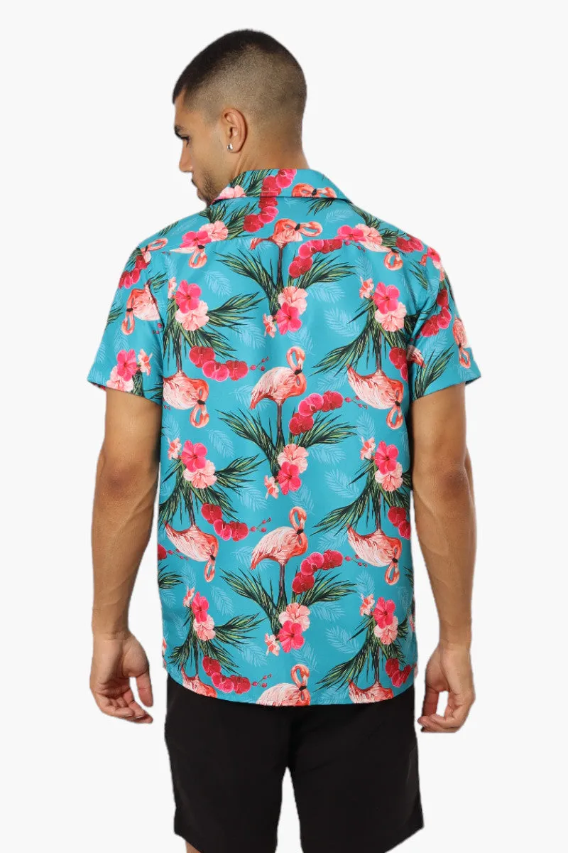 Boardsports Tropical Flamingo Pattern Button Up Casual Shirt - Blue