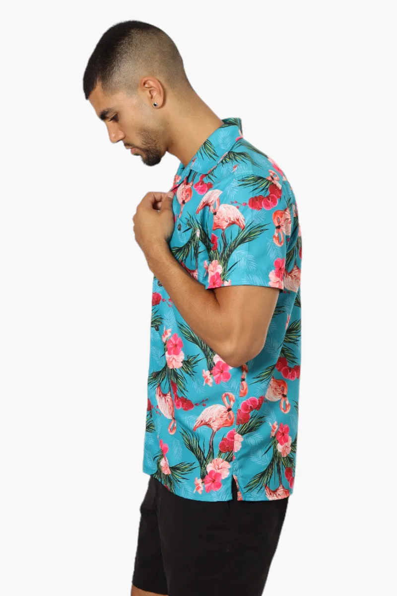 Boardsports Tropical Flamingo Pattern Button Up Casual Shirt - Blue