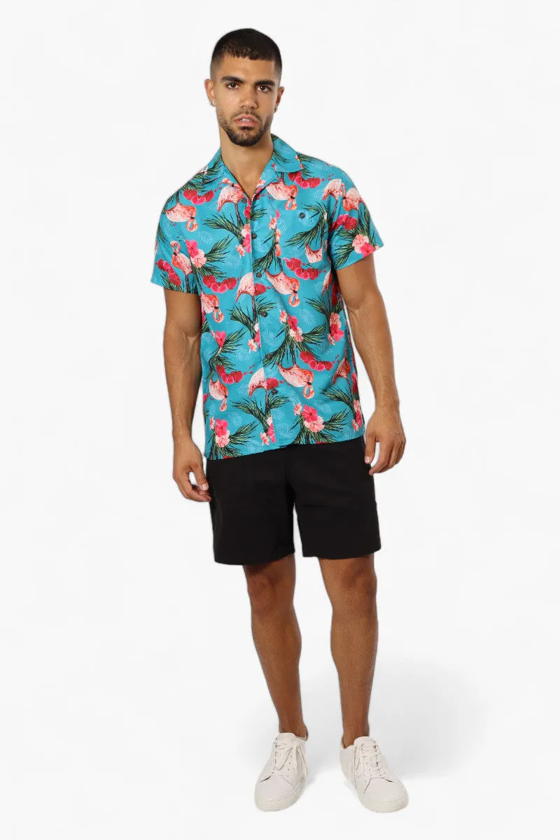 Boardsports Tropical Flamingo Pattern Button Up Casual Shirt - Blue