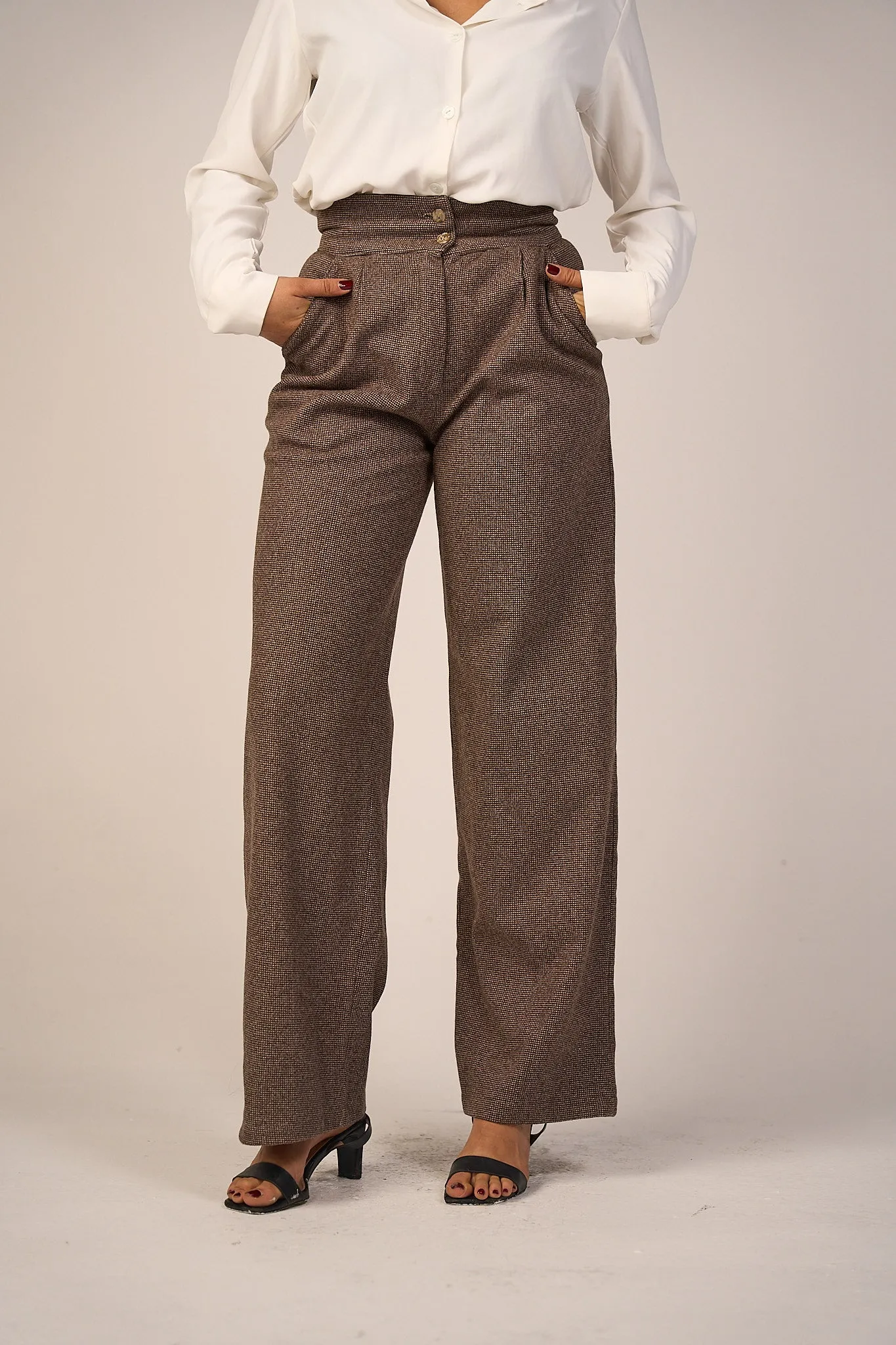 Brown High-Waist Wool Classic Trousers