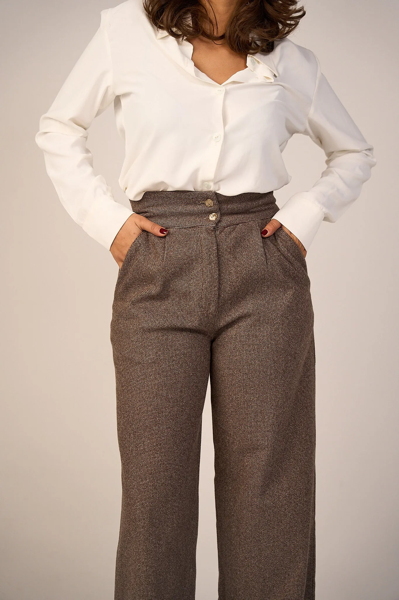 Brown High-Waist Wool Classic Trousers
