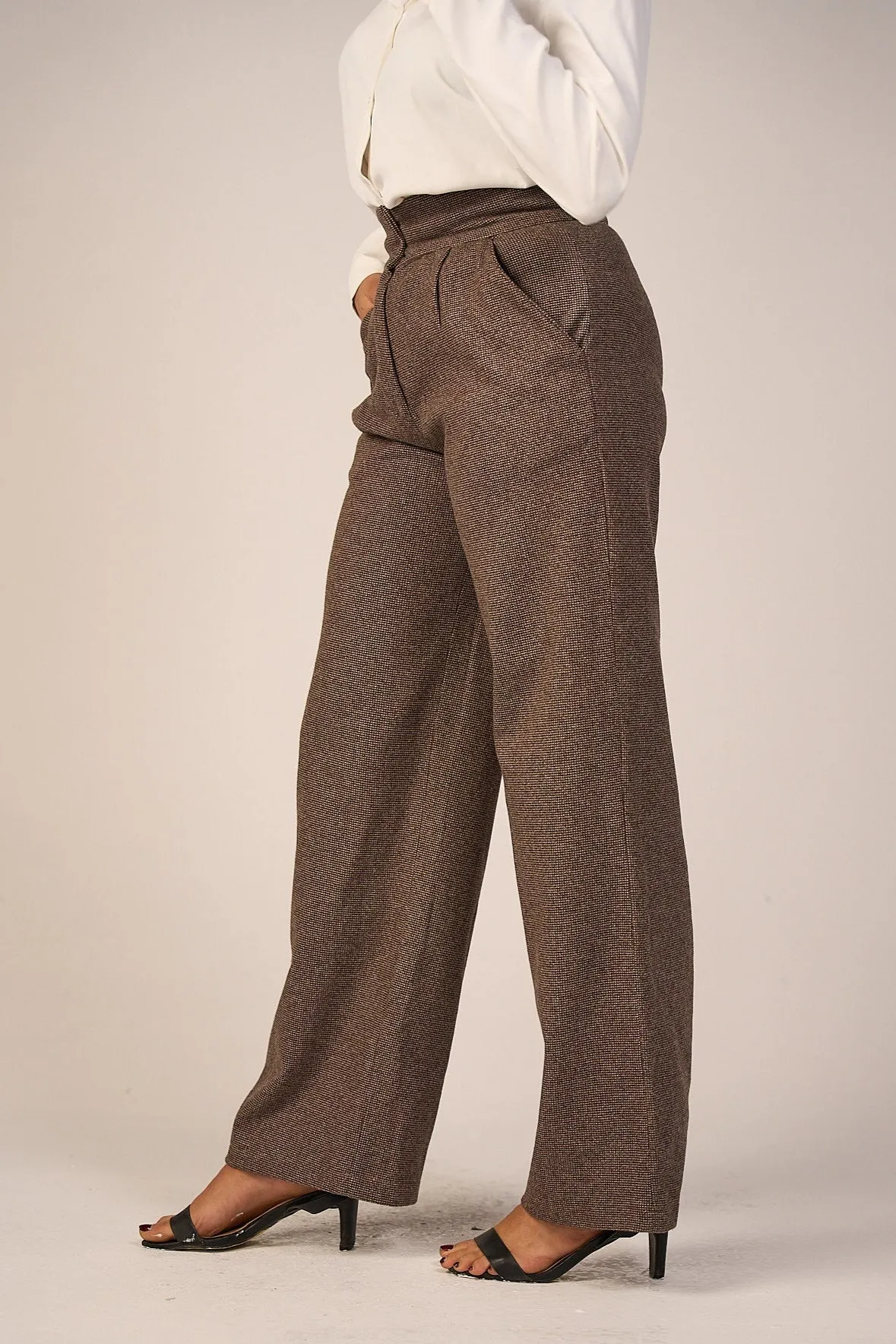 Brown High-Waist Wool Classic Trousers