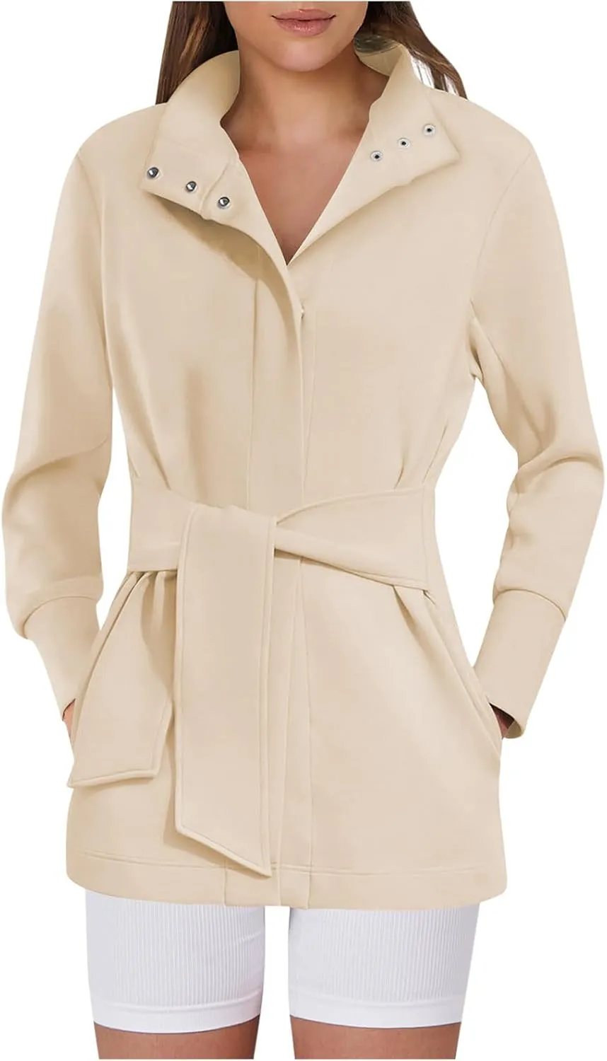 Casual Jackets for Women Long Sleeve Belted Cropped Jacket 2024 Fall Trendy Wrap Trench Coat Snap Button Outerwear