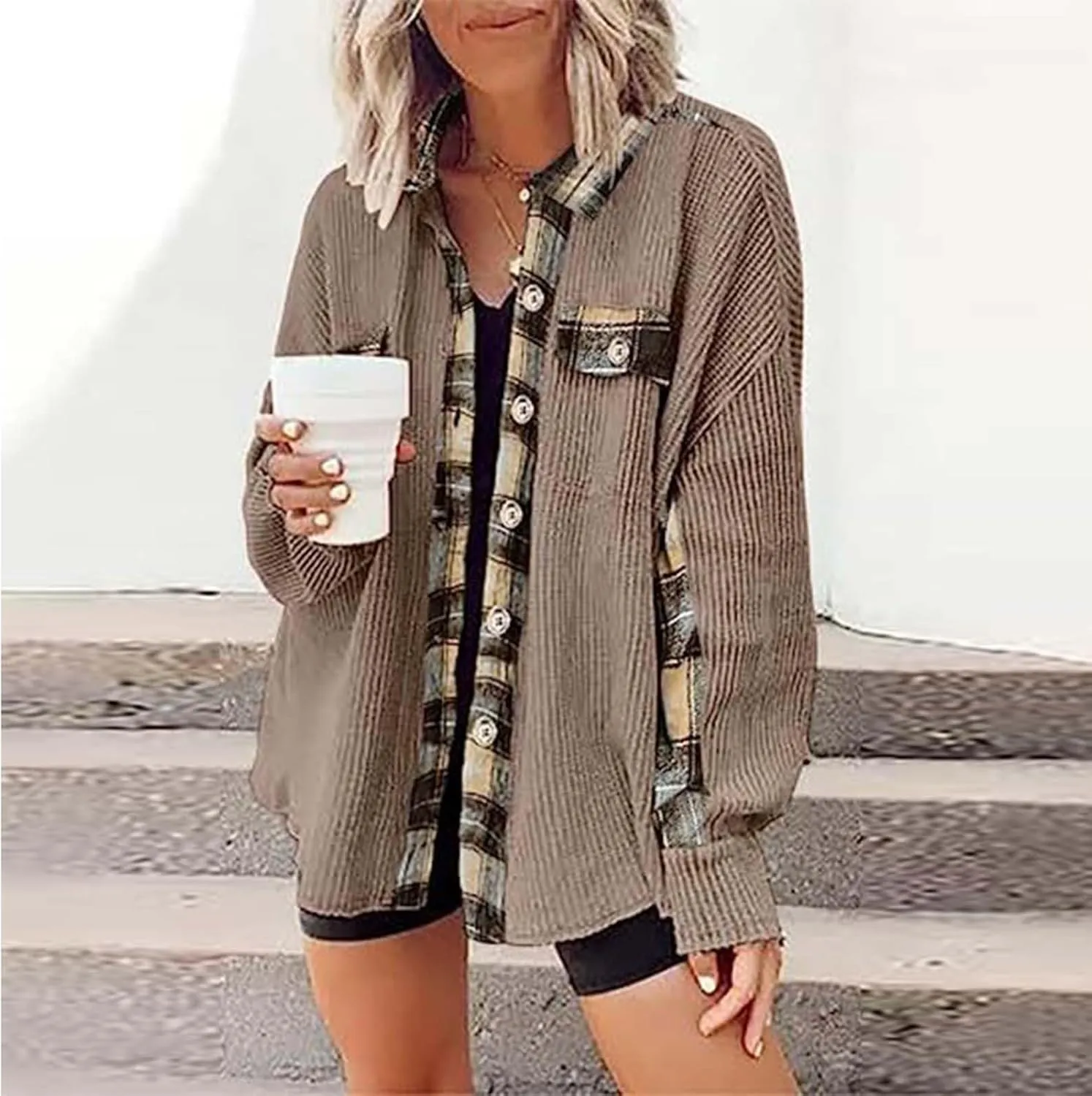 Ceboyel Women Plaid Oversized Jacket Waffle Knit Shacket Tops Button Down Long Sleeve Shirt Casual Trendy Clothes 2023