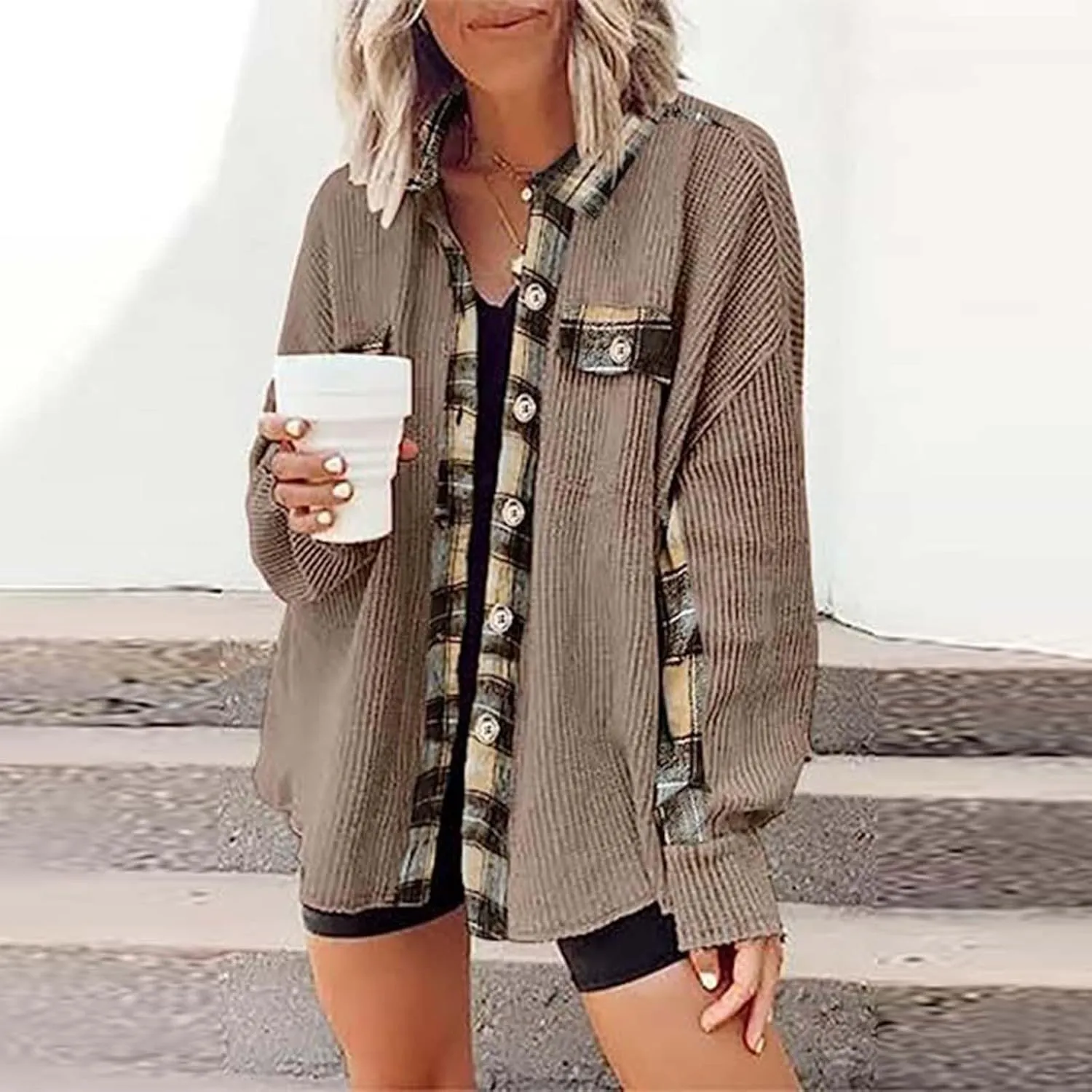 Ceboyel Women Plaid Oversized Jacket Waffle Knit Shacket Tops Button Down Long Sleeve Shirt Casual Trendy Clothes 2023