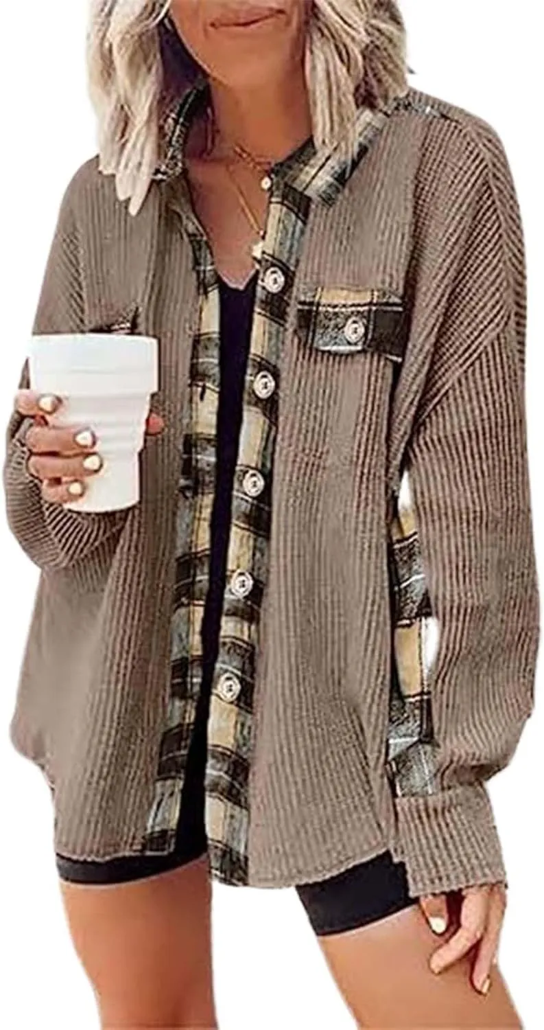 Ceboyel Women Plaid Oversized Jacket Waffle Knit Shacket Tops Button Down Long Sleeve Shirt Casual Trendy Clothes 2023