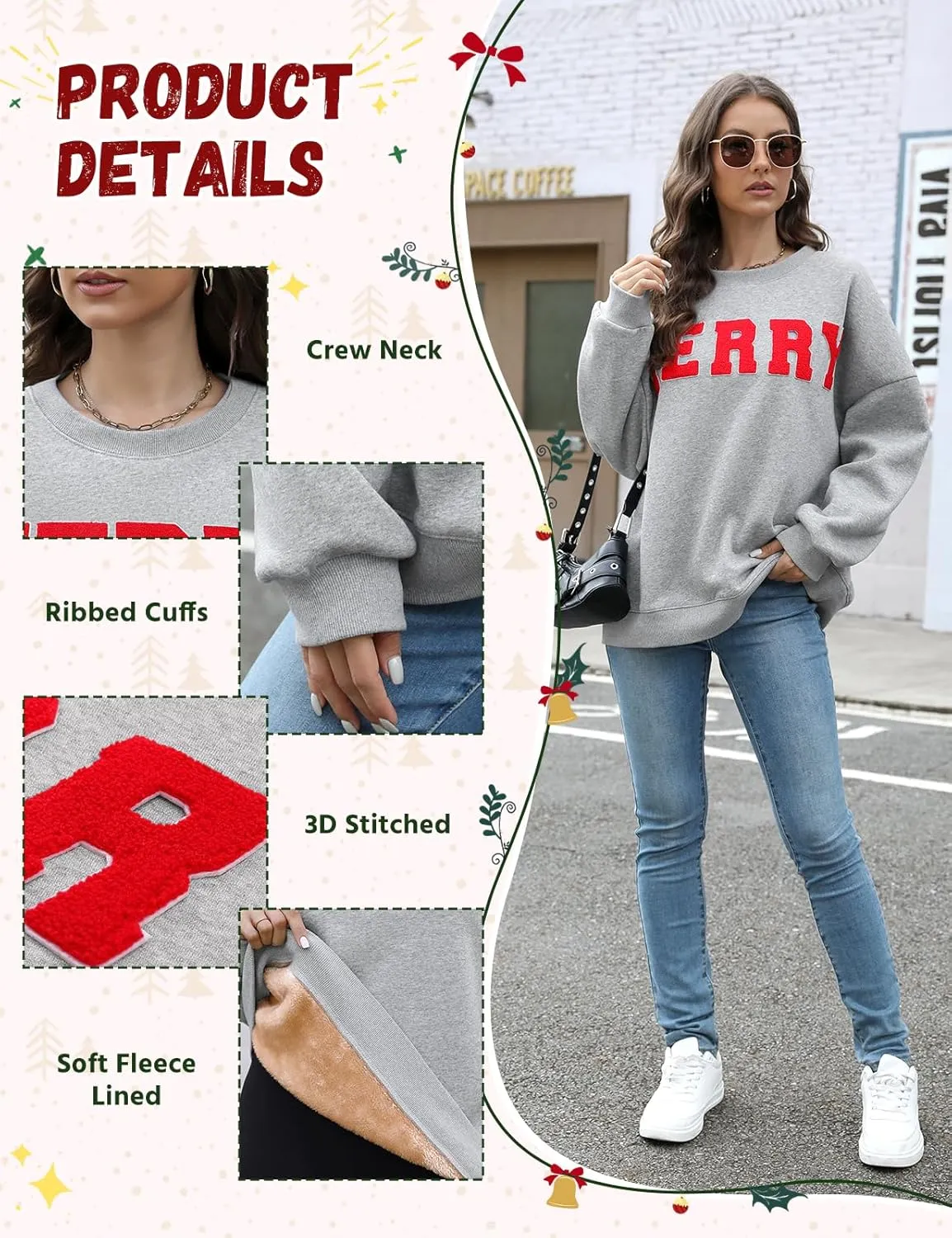 Christmas Sweatshirts Hoodies Merry Sweaters Tops Fleece Pullover Hoodie Crewneck Oversized Sherpa Lined Hoodie
