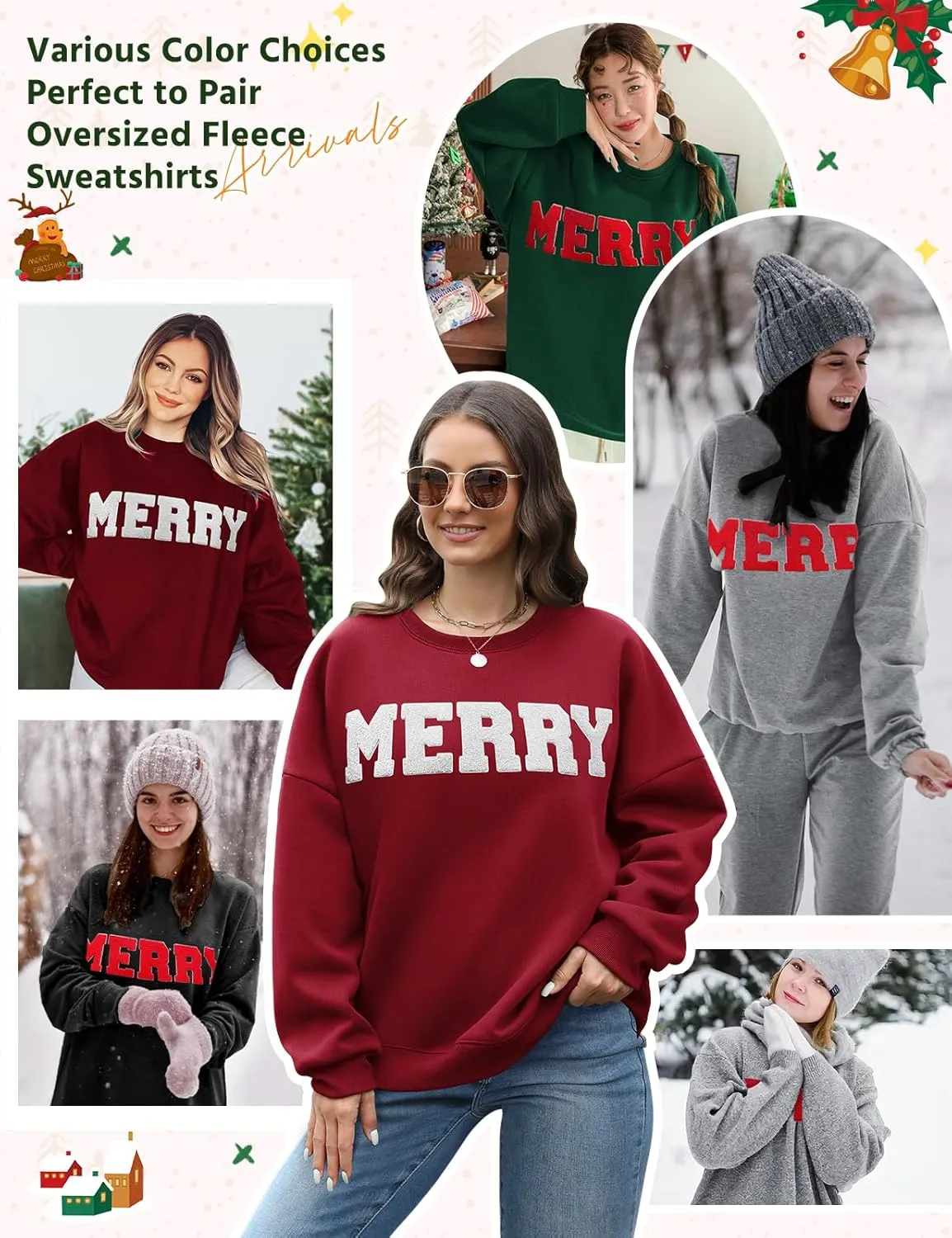 Christmas Sweatshirts Hoodies Merry Sweaters Tops Fleece Pullover Hoodie Crewneck Oversized Sherpa Lined Hoodie