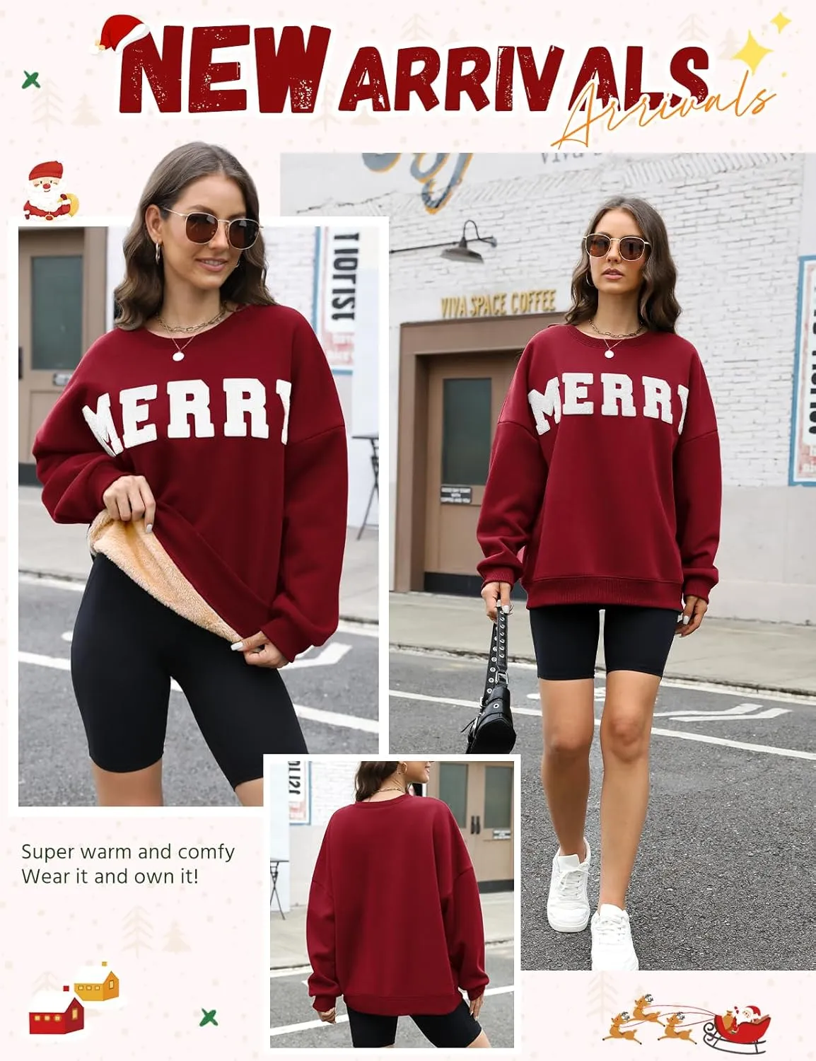 Christmas Sweatshirts Hoodies Merry Sweaters Tops Fleece Pullover Hoodie Crewneck Oversized Sherpa Lined Hoodie