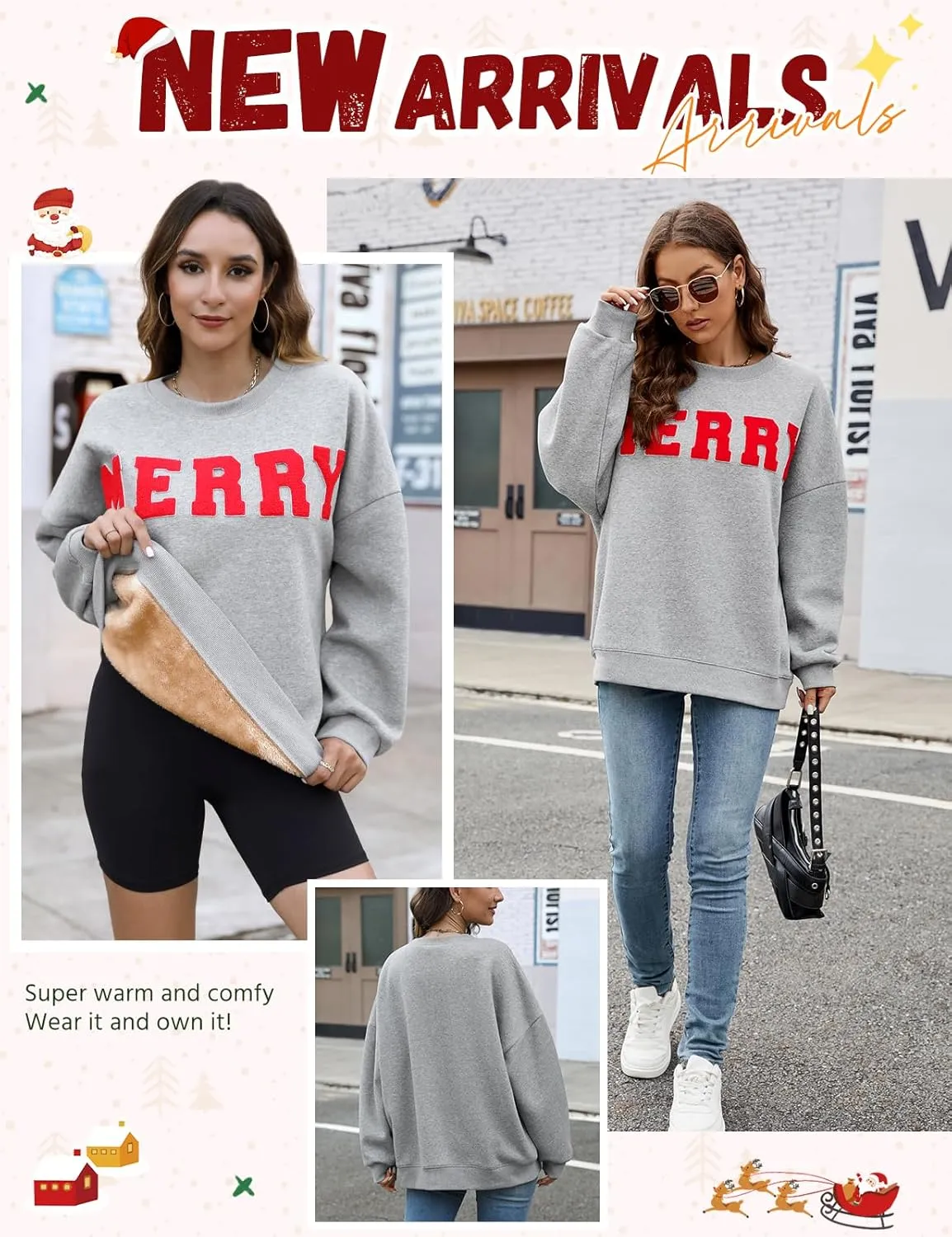 Christmas Sweatshirts Hoodies Merry Sweaters Tops Fleece Pullover Hoodie Crewneck Oversized Sherpa Lined Hoodie