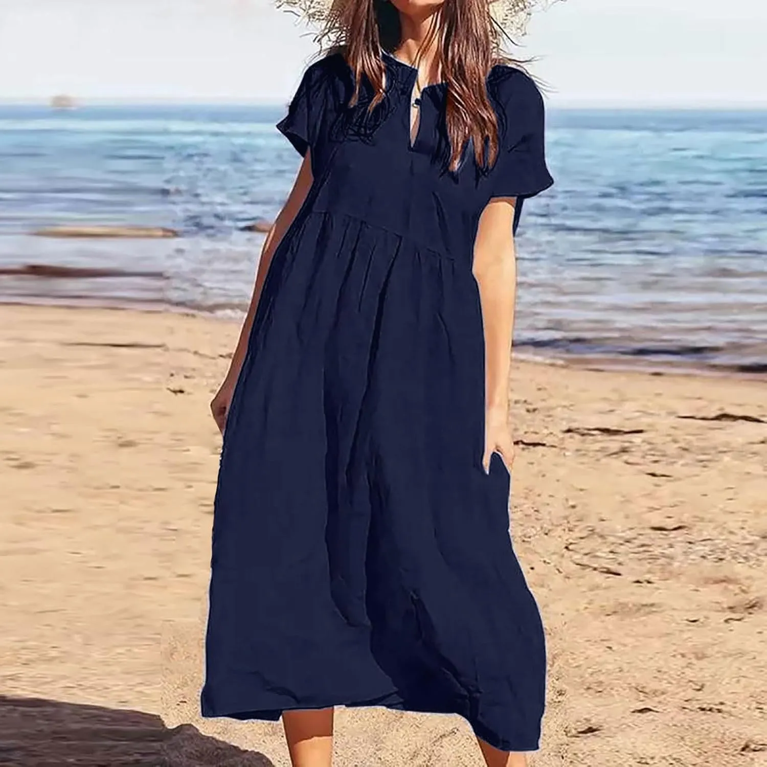 Cotton Linen Plus Size Summer Dresses for Women Retro Button Short Sleeve Crew Neck High Waist Midi Dress