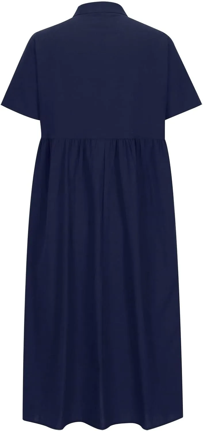 Cotton Linen Plus Size Summer Dresses for Women Retro Button Short Sleeve Crew Neck High Waist Midi Dress