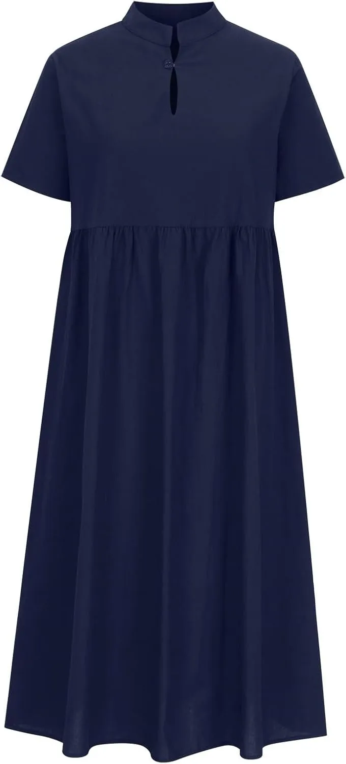 Cotton Linen Plus Size Summer Dresses for Women Retro Button Short Sleeve Crew Neck High Waist Midi Dress