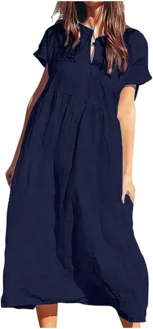 Cotton Linen Plus Size Summer Dresses for Women Retro Button Short Sleeve Crew Neck High Waist Midi Dress