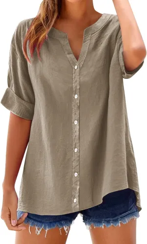 Cotton Linen Shirts for Women Plus Size 3/4 Sleeve V Neck Summer Tops Trendy Boho Loose Button Down Blouses