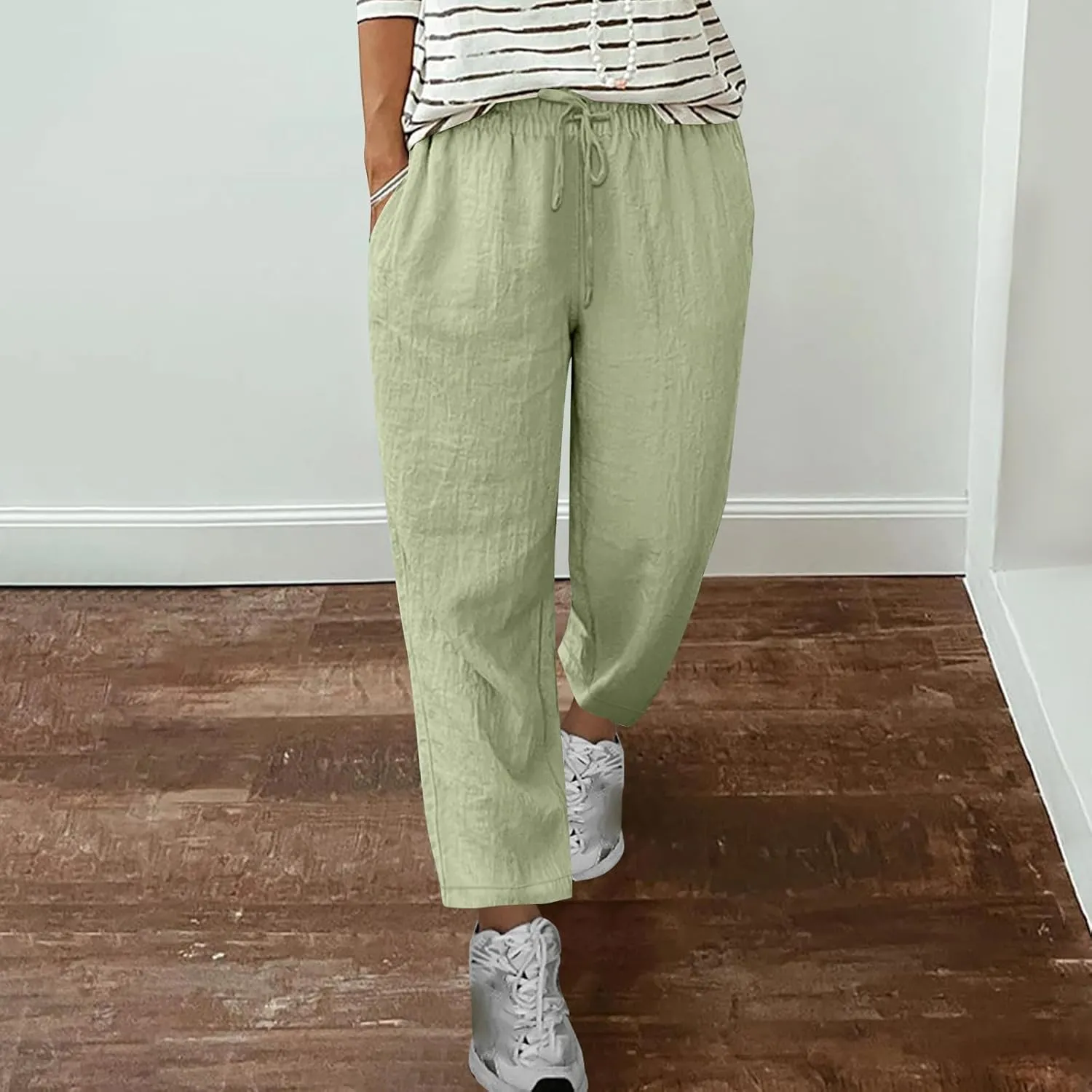Cotton Linen Straight Leg Pants Women Summer Loose Fit Drawstring Elastic Waist Trouser Resort Casual Beach Pant Plus