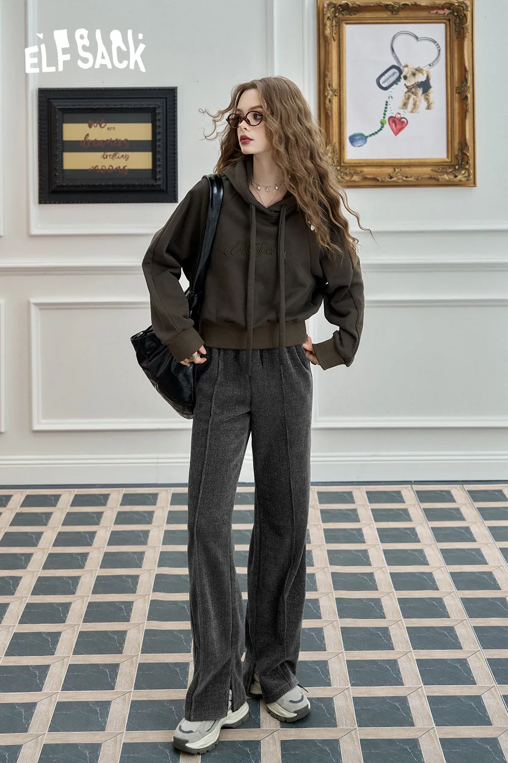 ELFSACK 2024 Winter New Arrivals Dark gray versatile slit wide leg pants for women
