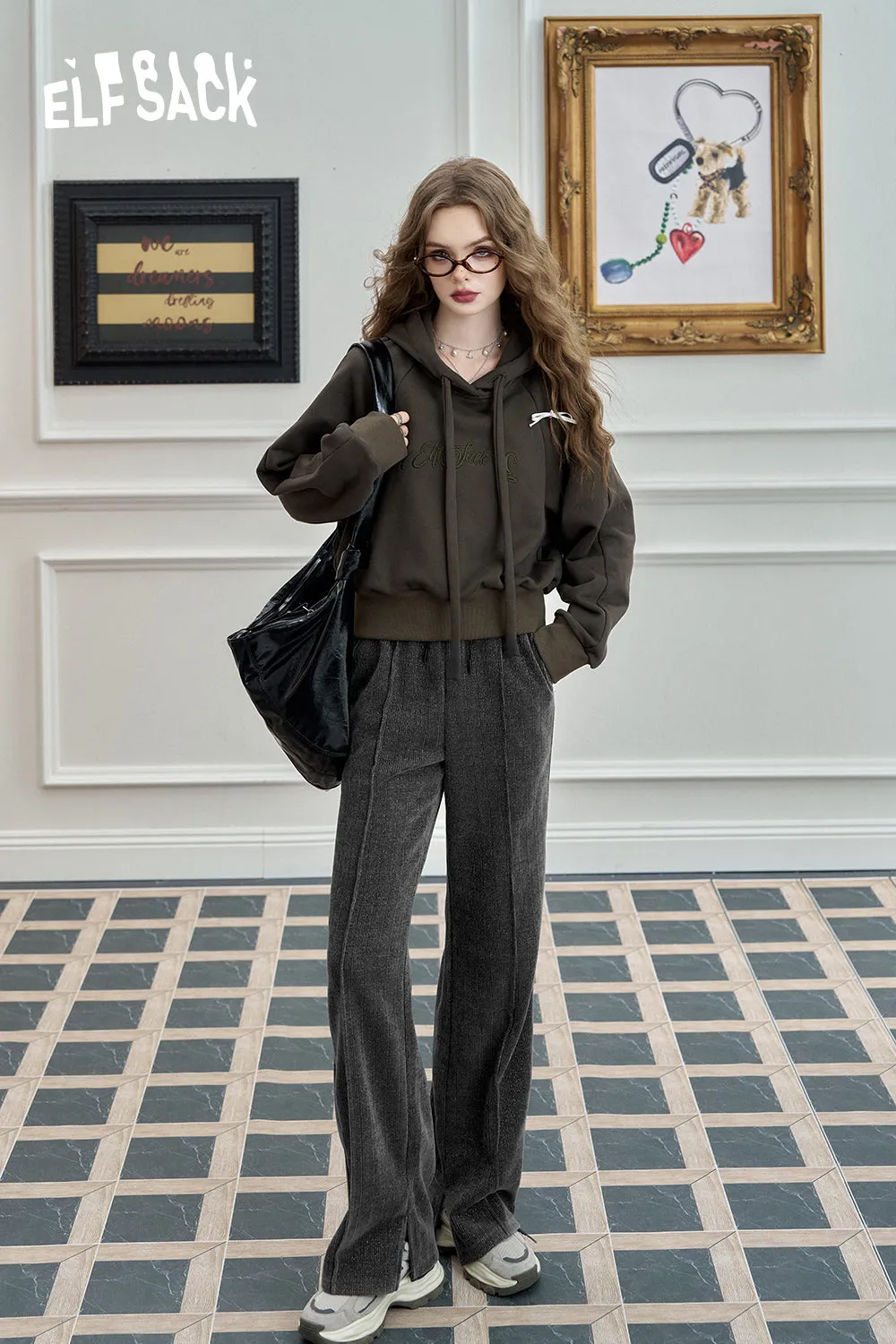 ELFSACK 2024 Winter New Arrivals Dark gray versatile slit wide leg pants for women