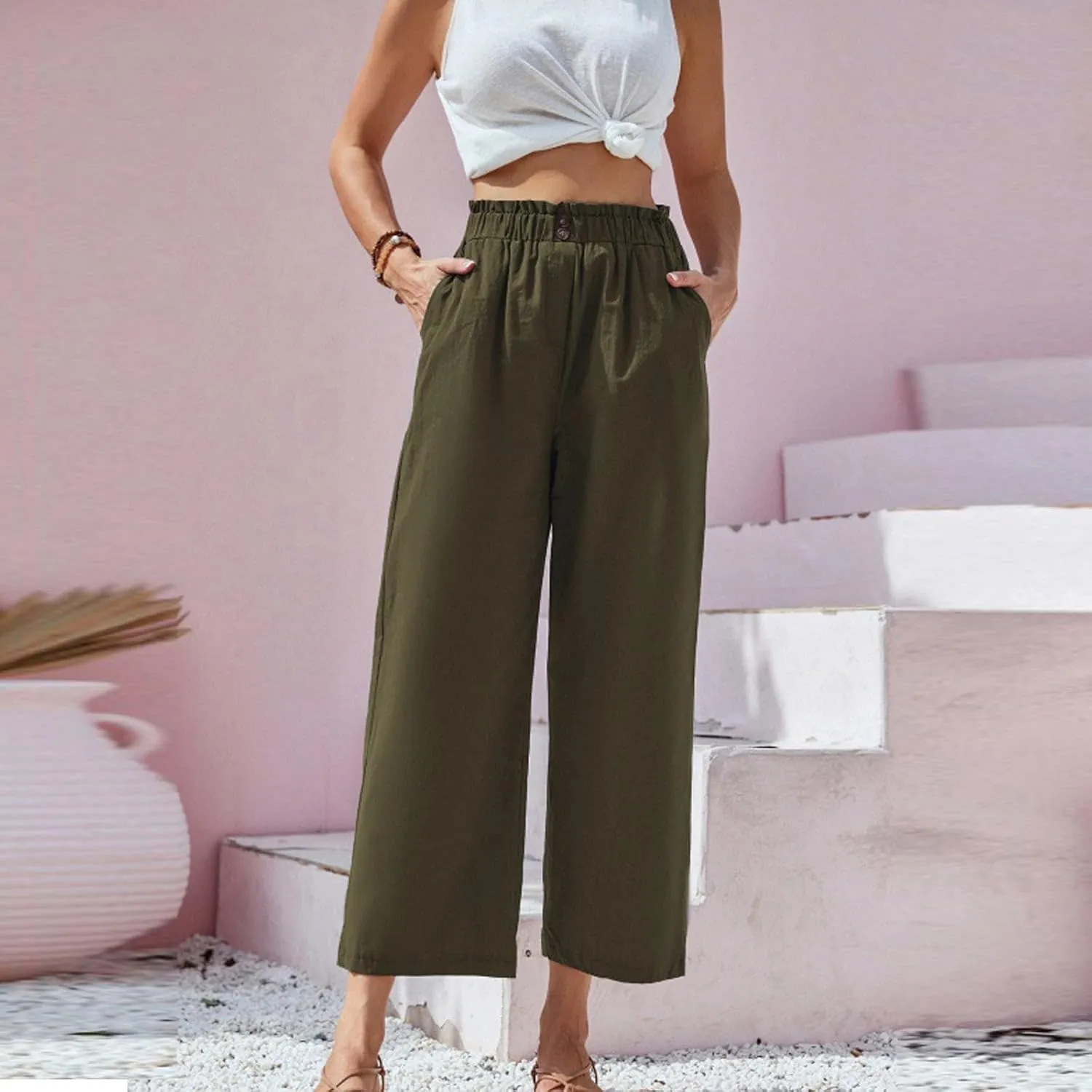 eoeioa Wide Leg Beach Pants for Women Lightweight Button Ealstic Waist Linen Pants Relaxed Fit Cropped Pants with Pockets