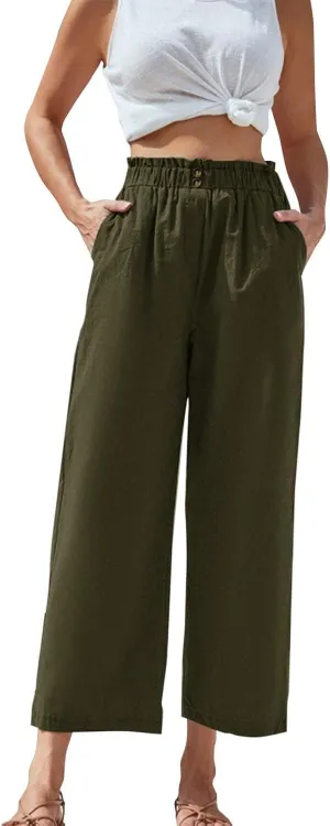 eoeioa Wide Leg Beach Pants for Women Lightweight Button Ealstic Waist Linen Pants Relaxed Fit Cropped Pants with Pockets