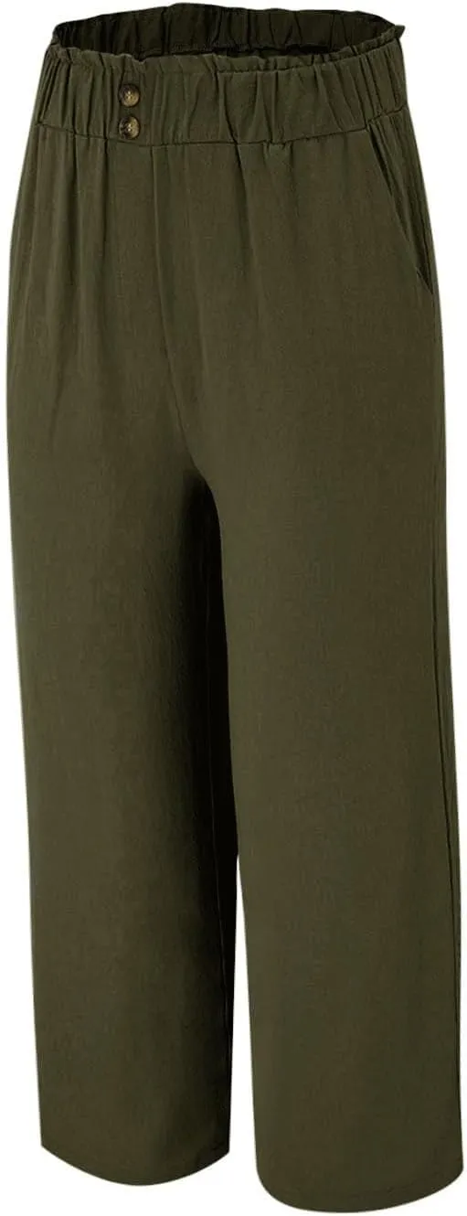 eoeioa Wide Leg Beach Pants for Women Lightweight Button Ealstic Waist Linen Pants Relaxed Fit Cropped Pants with Pockets