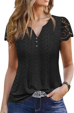 ETCYY Womens T Shirts Short Sleeve Spring 2025 Fashion Summer Tank Top V-Neck Button Down Floral Dressy Casual Blouses