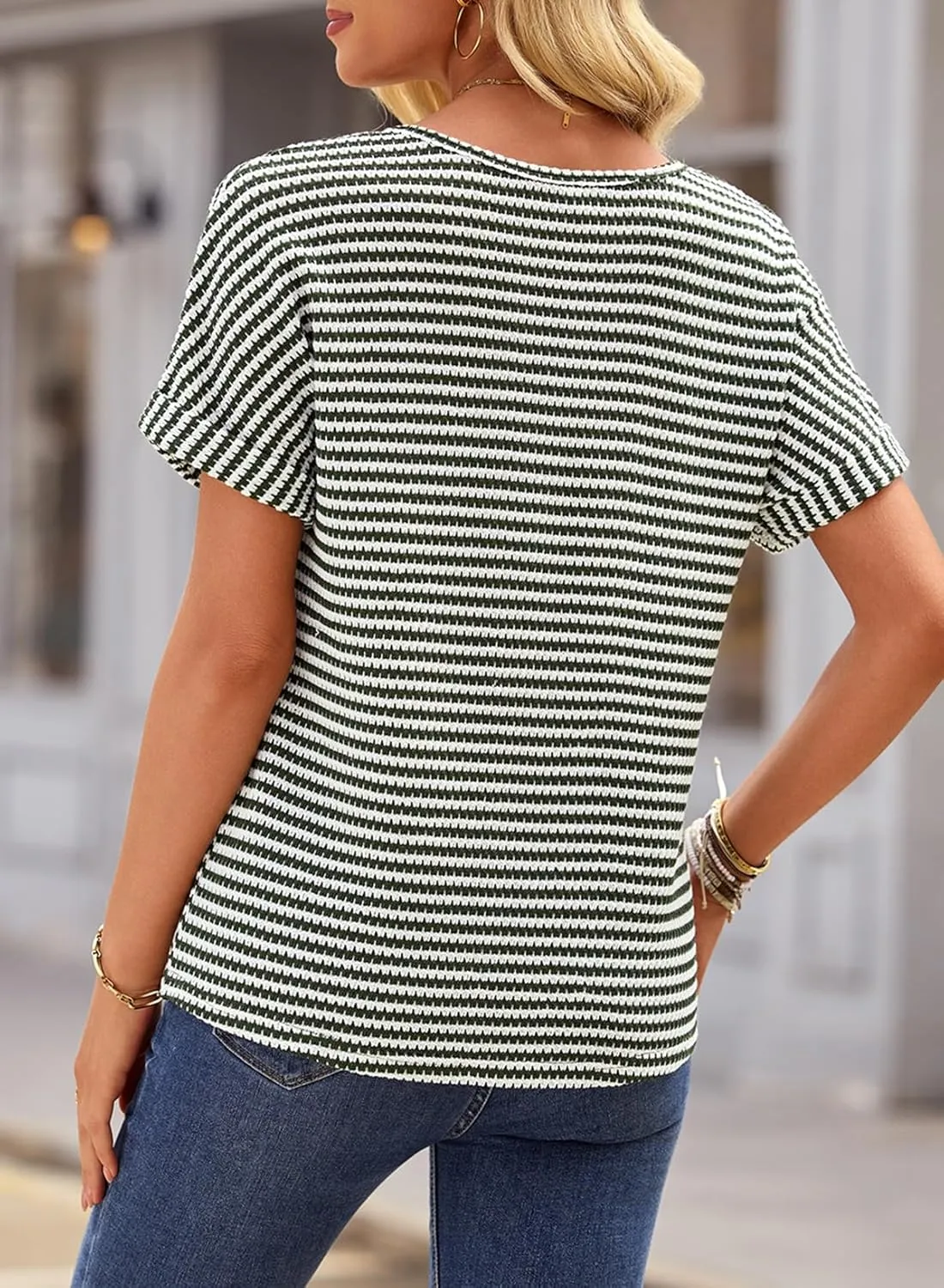 EVALESS Womens Dressy Casual Cap Short Sleeve Tops Trendy Summer V Neck Loose Striped Casual Basic T Shirts Tee Blouses