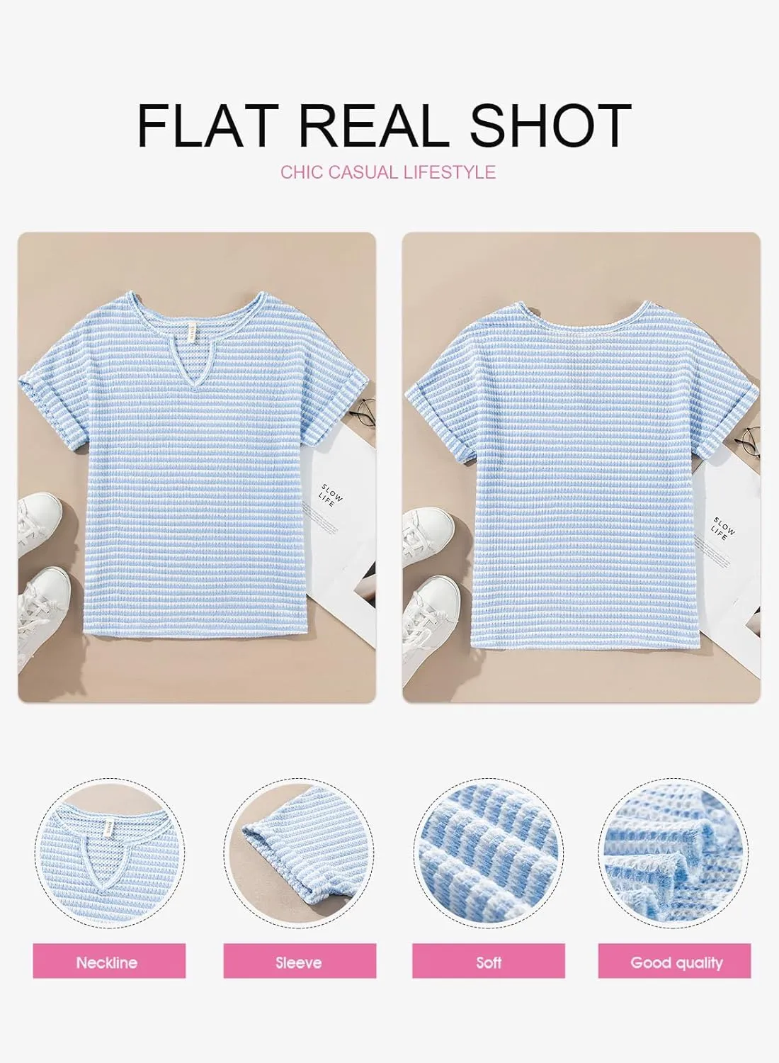 EVALESS Womens Dressy Casual Cap Short Sleeve Tops Trendy Summer V Neck Loose Striped Casual Basic T Shirts Tee Blouses