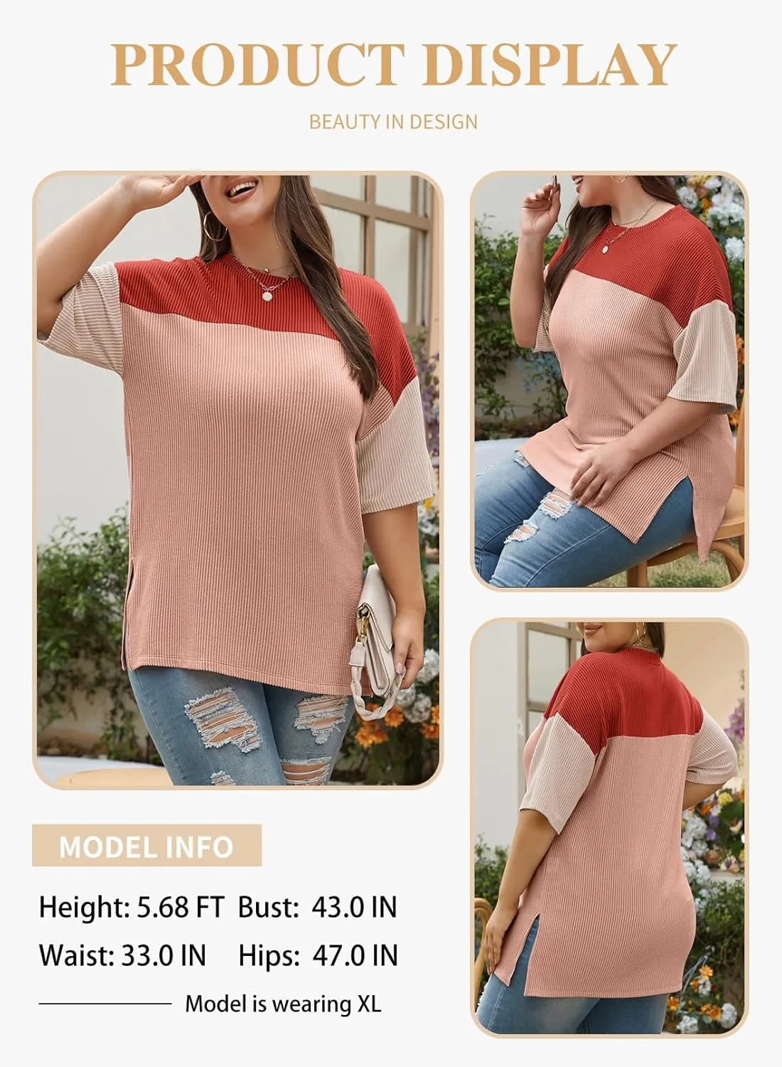 Eytino Womens Plus Size Tunic Tops Crewneck Short Sleeve Color Block Pullover Shirts (1X-5X)