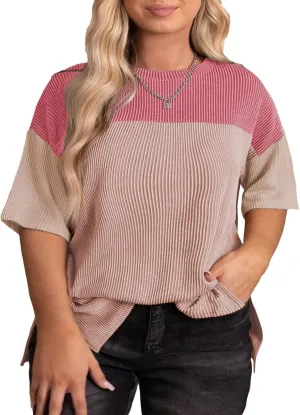 Eytino Womens Plus Size Tunic Tops Crewneck Short Sleeve Color Block Pullover Shirts (1X-5X)