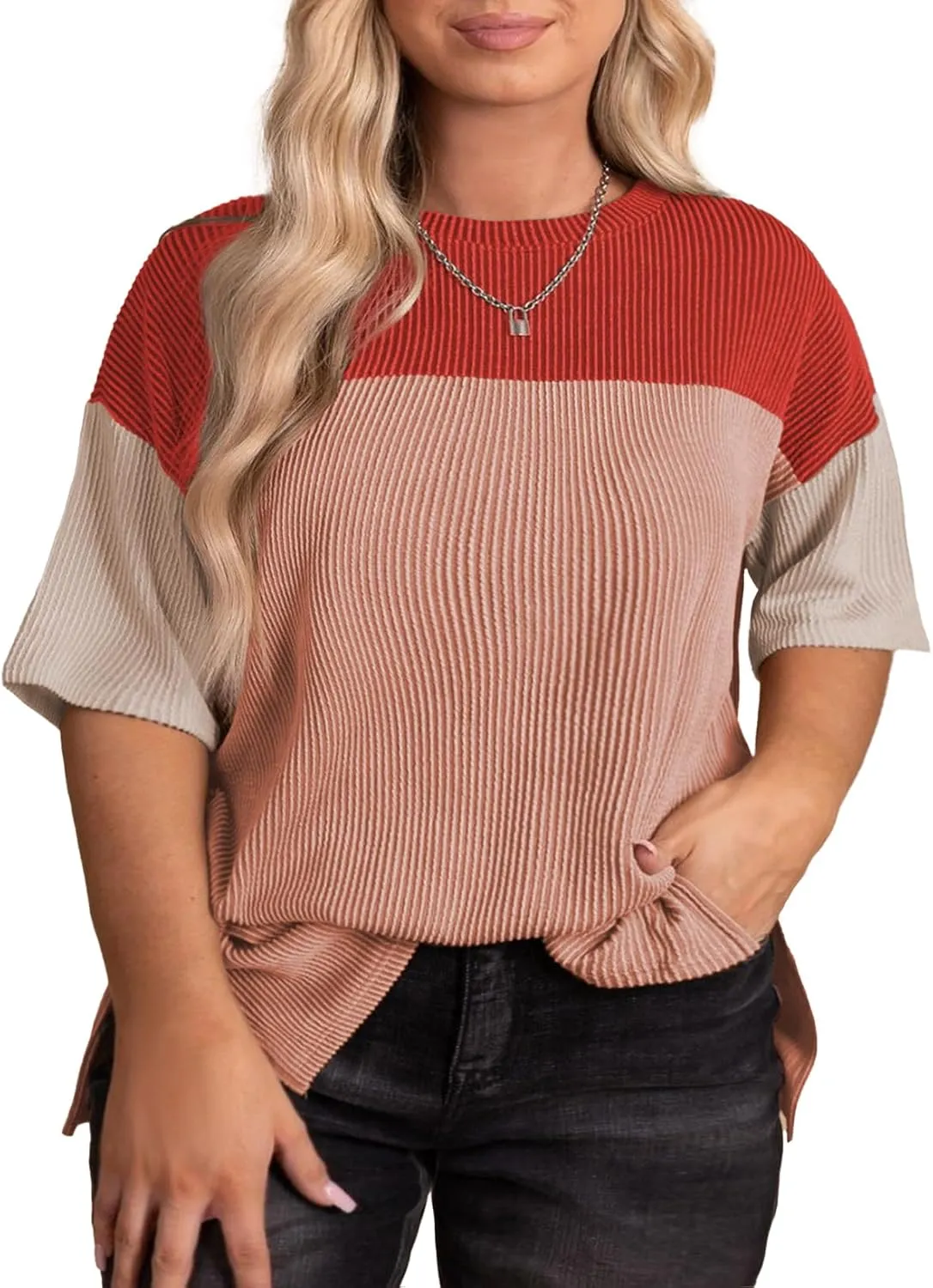 Eytino Womens Plus Size Tunic Tops Crewneck Short Sleeve Color Block Pullover Shirts (1X-5X)