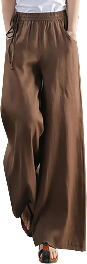 FZYLQY Women Casual Cotton Linen Baggy Pants Relaxed Fit Soft Comfy Wide Leg Trousers Drawstring High Waist Loose Pants