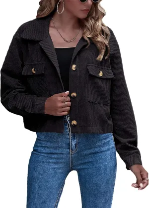 Gihuo Women's Fashion Cropped Shacket Button Down Corduroy Shacket Jackets Casual Plaid Long Sleeve Crop Jackets Tops