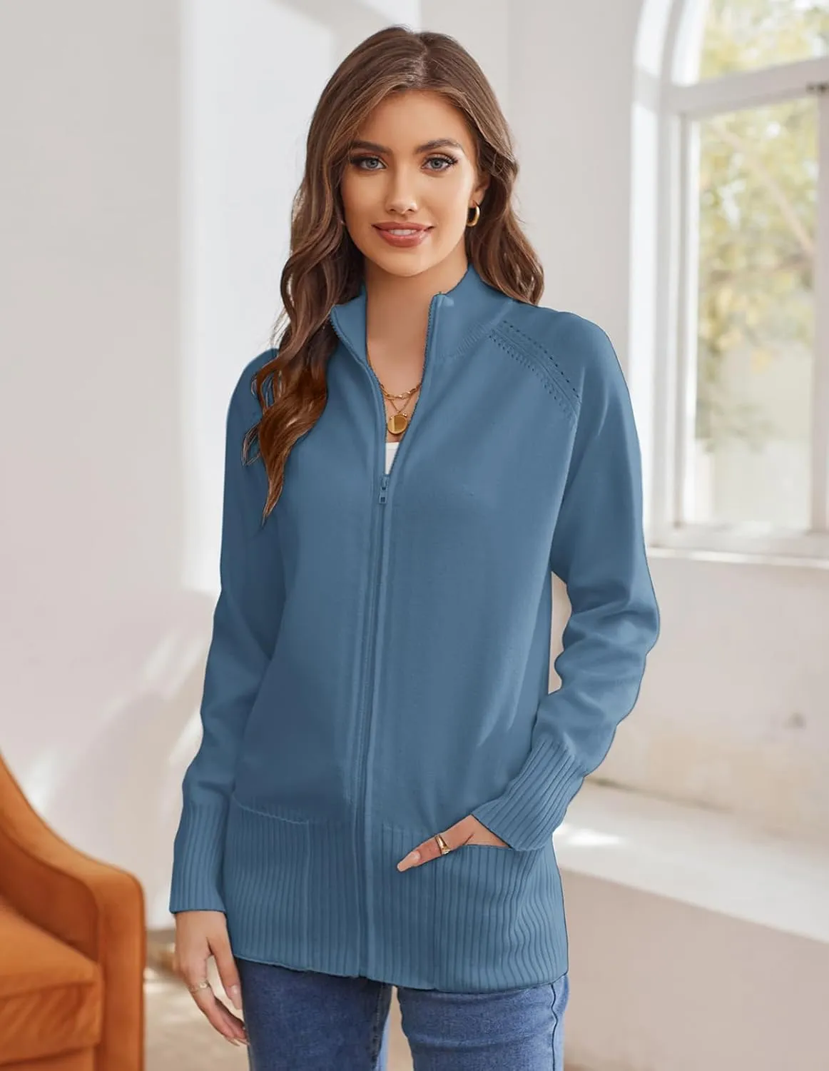 GRACE KARIN Women's Long Sleeve Zip Up Knit Cardigan with Pockets Stand Collar Full Zip Sweater Coat Lightweight