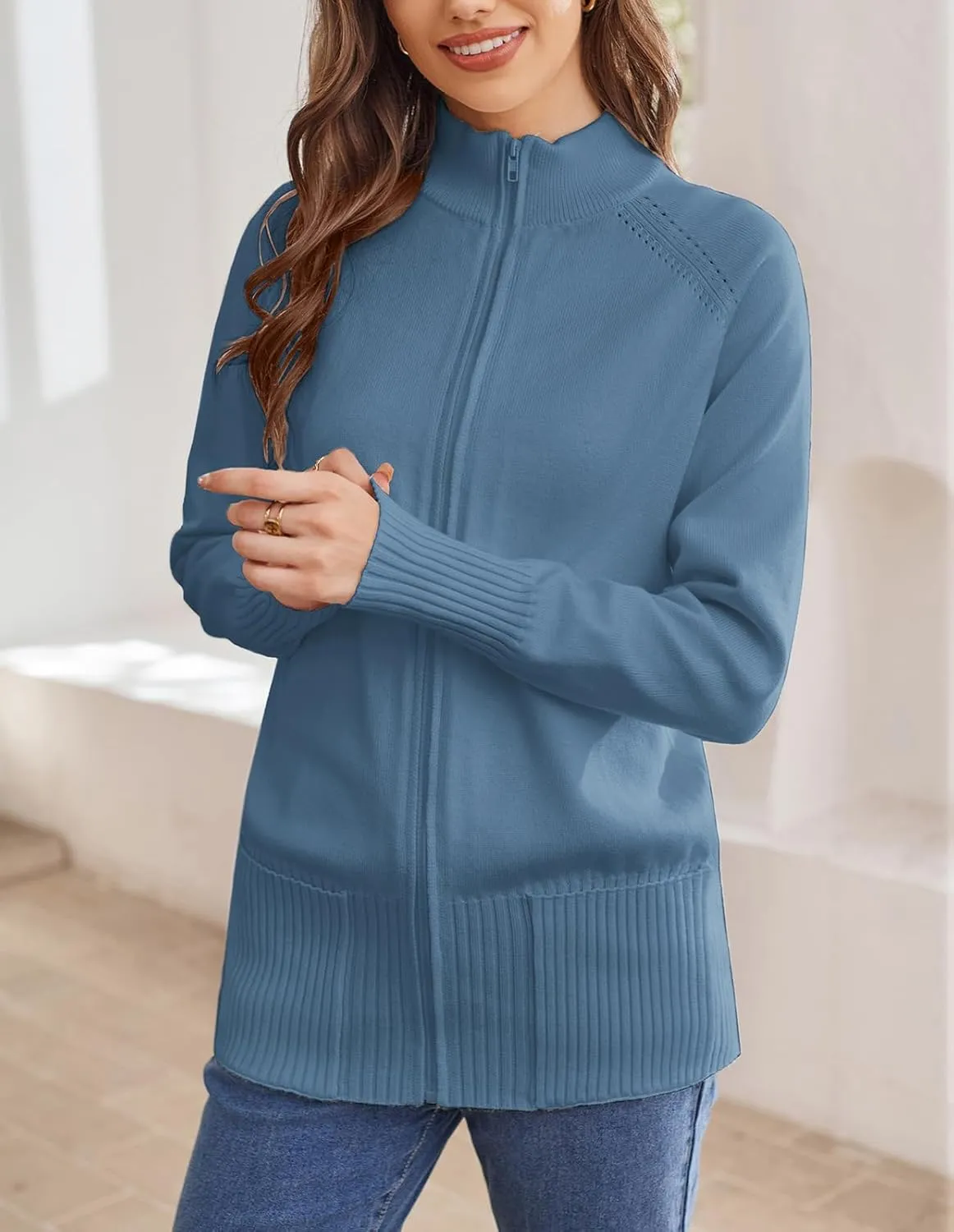 GRACE KARIN Women's Long Sleeve Zip Up Knit Cardigan with Pockets Stand Collar Full Zip Sweater Coat Lightweight
